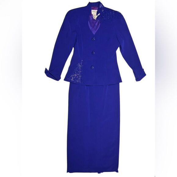 Vintage Daymor Couture Royal Blue Embellished Skirt Suit Size 8 Formal Two Piece - Picture 1 of 14
